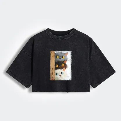 Tokyo-Tiger Three Cute Cats Watch You Women's Washed Crop T-Shirt