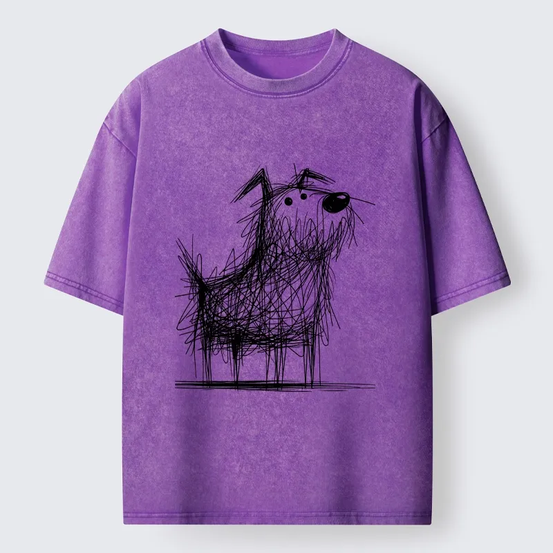 Tokyo-Tiger Cute Scrawled Dog Line Art Washed T-Shirt