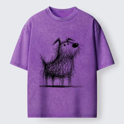 Tokyo-Tiger Cute Scrawled Dog Line Art Washed T-Shirt