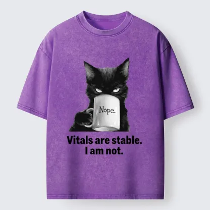 Tokyo-Tiger Grumpy Black Cat Coffee Meme Washed T-Shirt