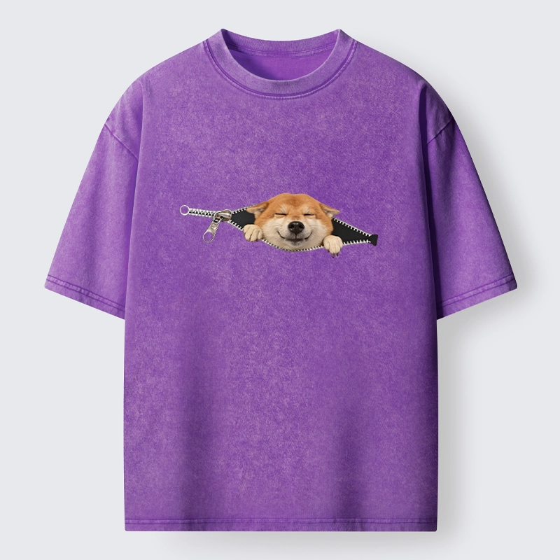 Tokyo-Tiger Cute Shiba Dog In Zipper Washed T-Shirt