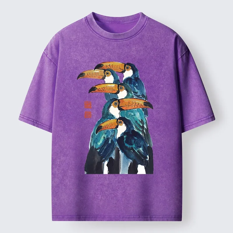 Tokyo-Tiger Blue Toucans Watercolor Washed T-Shirt