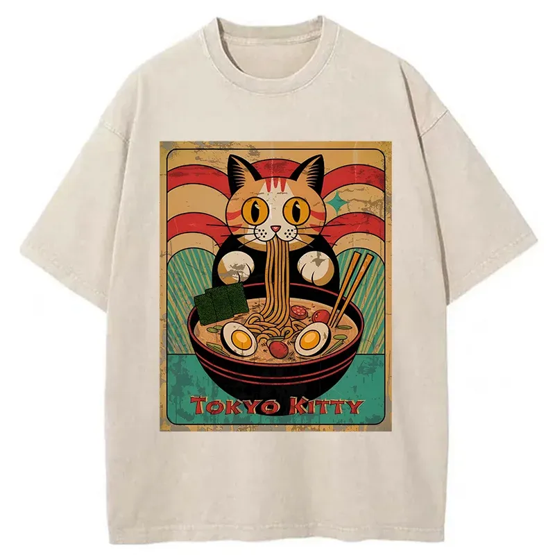 Tokyo-Tiger Retro Cat Eating Ramen Japan Washed T-Shirt