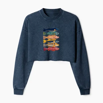 Tokyo-Tiger Colorful Fish Art Collection Washed Crop Sweatshirt