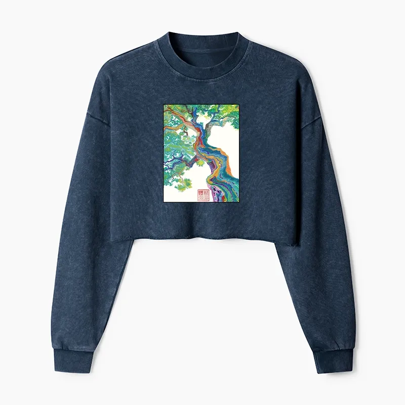 Tokyo-Tiger Colorful Magic Tree Washed Crop Sweatshirt Sale