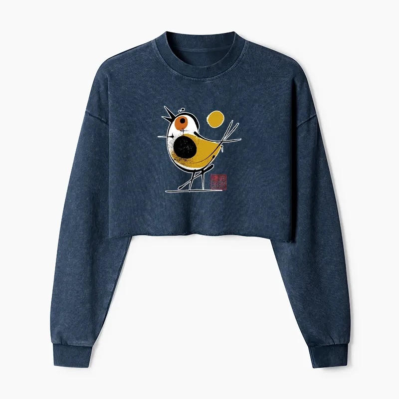 Tokyo-Tiger Aesthetic Yellow And Black Bird Washed Crop Sweatshirt