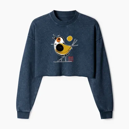 Tokyo-Tiger Aesthetic Yellow And Black Bird Washed Crop Sweatshirt