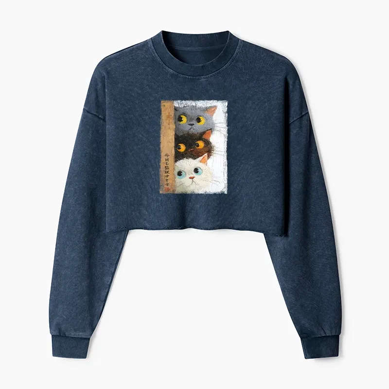 Tokyo-Tiger Three Cute Cats Watch You Washed Crop Sweatshirt