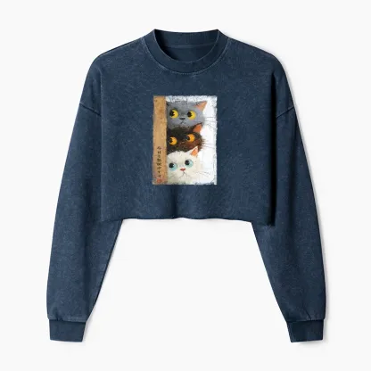 Tokyo-Tiger Three Cute Cats Watch You Washed Crop Sweatshirt