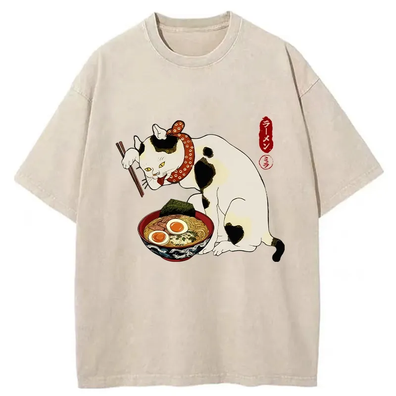 Tokyo-Tiger The Cat Obsessed With Ramen Washed T-Shirt