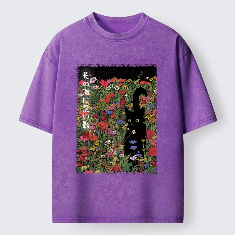 Tokyo-Tiger Black Cat Hiding In Flower Sea Washed T-Shirt