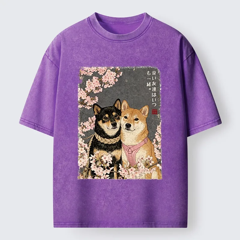 Tokyo-Tiger Two Shibas And Sakura Flowers Washed T-Shirt