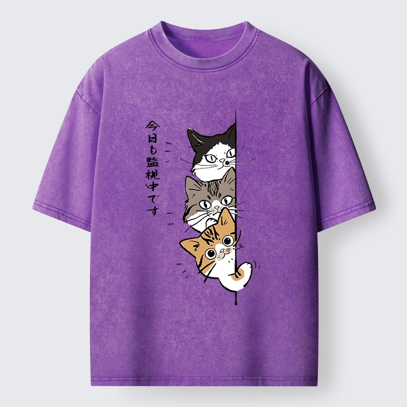 Tokyo-Tiger Funny Cat Surveillance Squad Washed T-Shirt