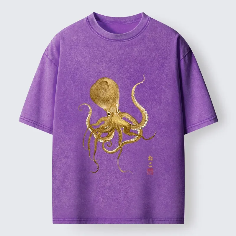 Tokyo-Tiger Japanese Style Octopus Painting Washed T-Shirt