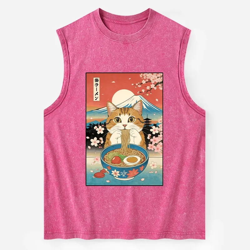 Tokyo-Tiger Funny Orange Cat Eating Ramen Japan Washed Tank