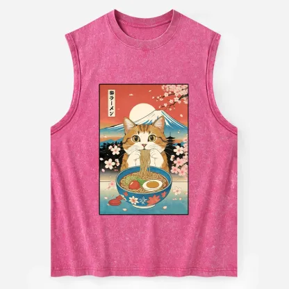 Tokyo-Tiger Funny Orange Cat Eating Ramen Japan Washed Tank