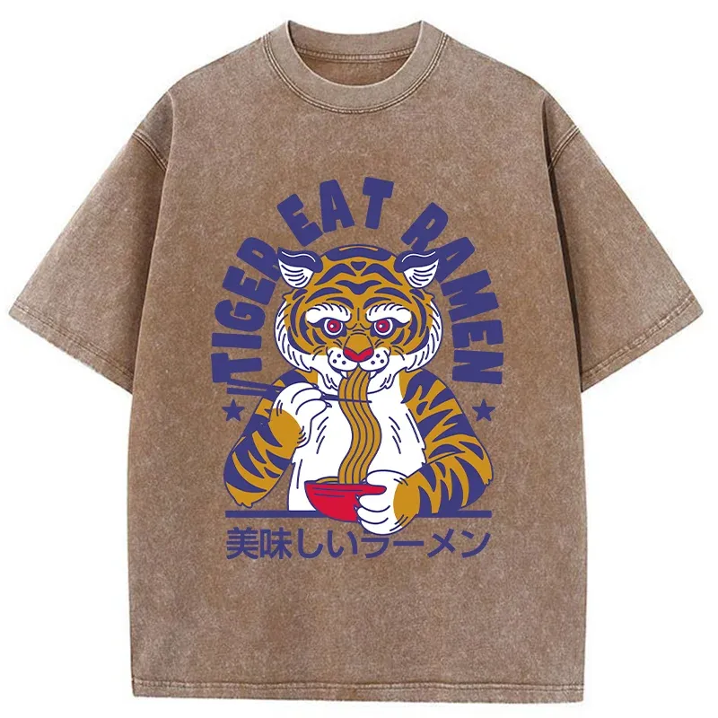 Tokyo-Tiger Funny Tiger Eating Ramen Washed T-Shirt