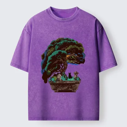 Tokyo-Tiger Black Cat Hiding In A Bonsai Pot Washed T-Shirt