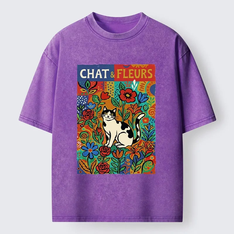 Tokyo-Tiger Colorful Cat And Floral Art Washed T-Shirt