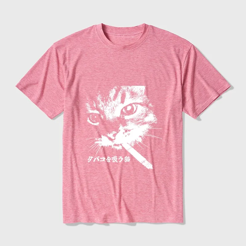 Tokyo-Tiger Retro Cat Smoking Cotton Blend T-Shirt