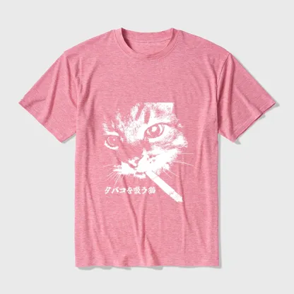Tokyo-Tiger Retro Cat Smoking Cotton Blend T-Shirt