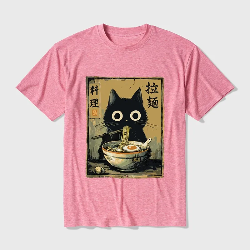 Tokyo-Tiger Cute Black Cat Eating Ramen Japan Cotton Blend T-Shirt