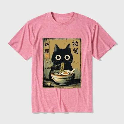 Tokyo-Tiger Cute Black Cat Eating Ramen Japan Cotton Blend T-Shirt