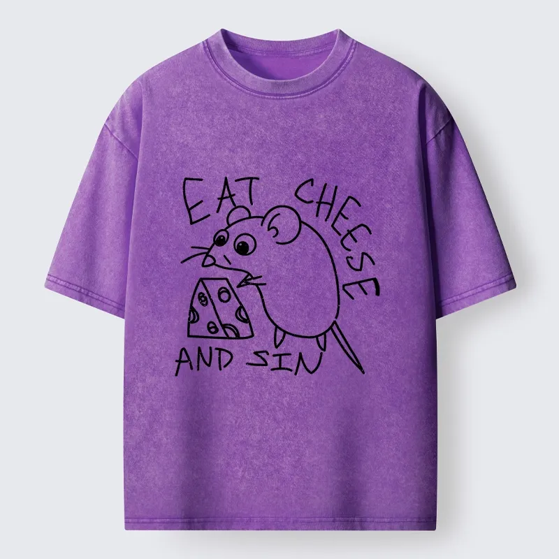 Tokyo-Tiger Cheese Obsessed Mouse Funny Art Washed T-Shirt