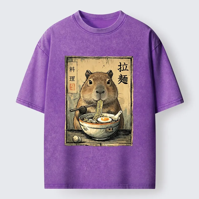 Tokyo-Tiger Capybara Enjoying A Bowl Of Ramen Washed T-Shirt Sale