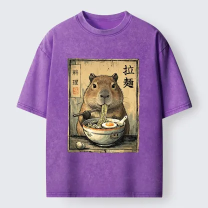 Tokyo-Tiger Capybara Enjoying A Bowl Of Ramen Washed T-Shirt