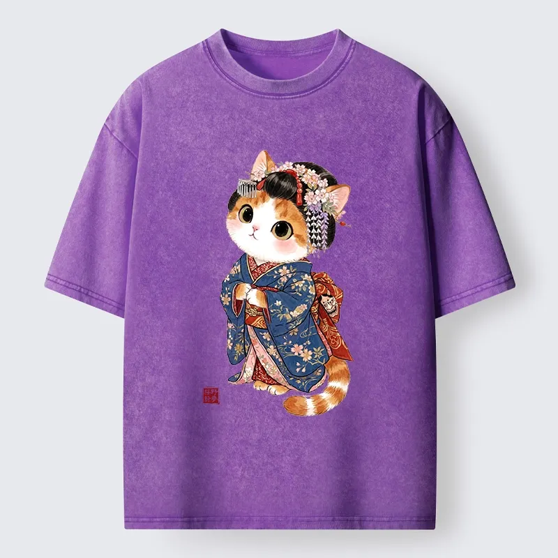 Tokyo-Tiger Cat Dressed As A Geisha Funny Washed T-Shirt