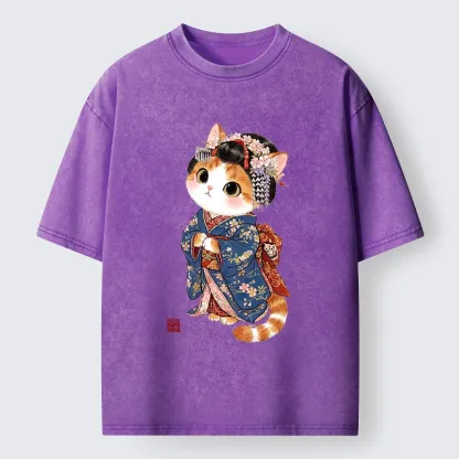 Tokyo-Tiger Cat Dressed As A Geisha Funny Washed T-Shirt