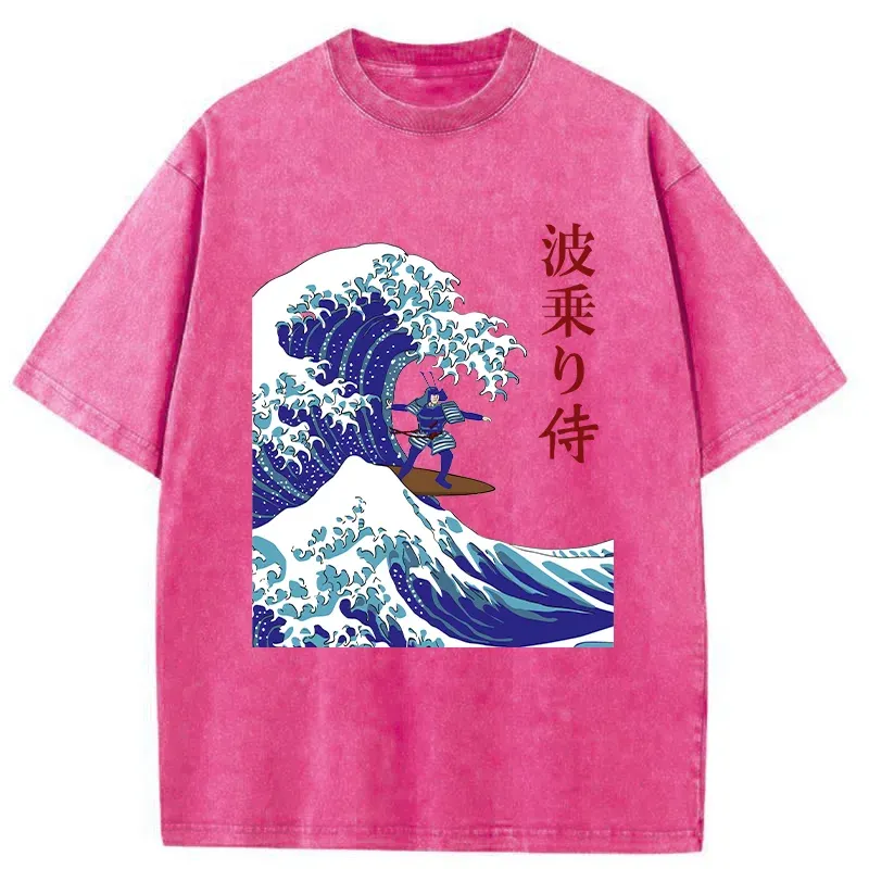Tokyo-Tiger Funny Samurai Surf Washed T-Shirt