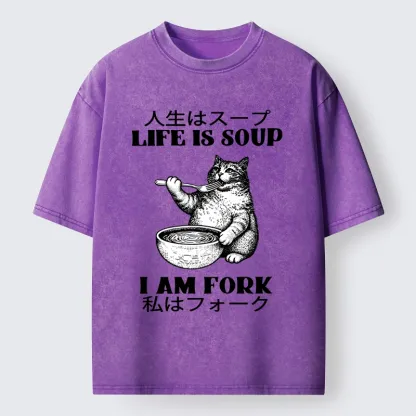 Tokyo-Tiger Cat Eating Soup With A Fork Washed T-Shirt