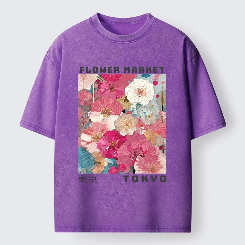 Tokyo-Tiger Market Colorful Floral Art Washed T-Shirt