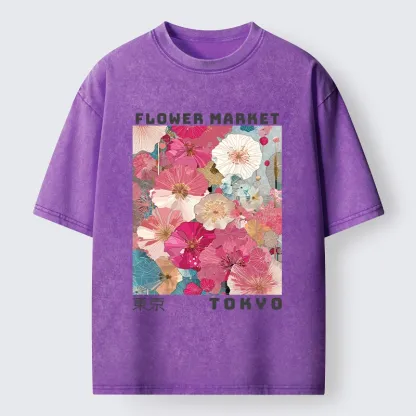 Tokyo-Tiger Market Colorful Floral Art Washed T-Shirt
