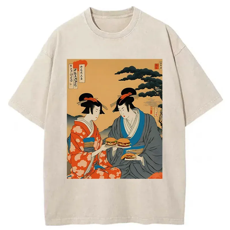 Tokyo-Tiger Geisha Eating Burgers Washed T-Shirt