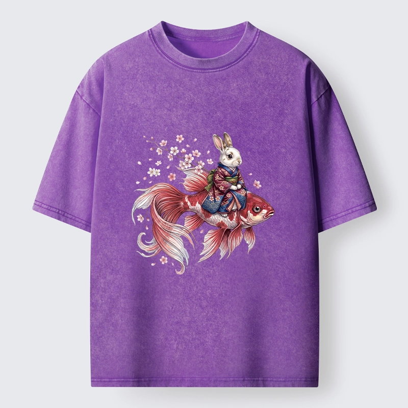 Tokyo-Tiger Japanese Style Rabbit And Koi Fish Washed T-Shirt