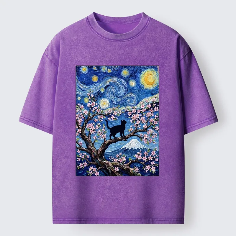 Tokyo-Tiger Van Gogh Style Cat With Mount Fuji Washed T-Shirt