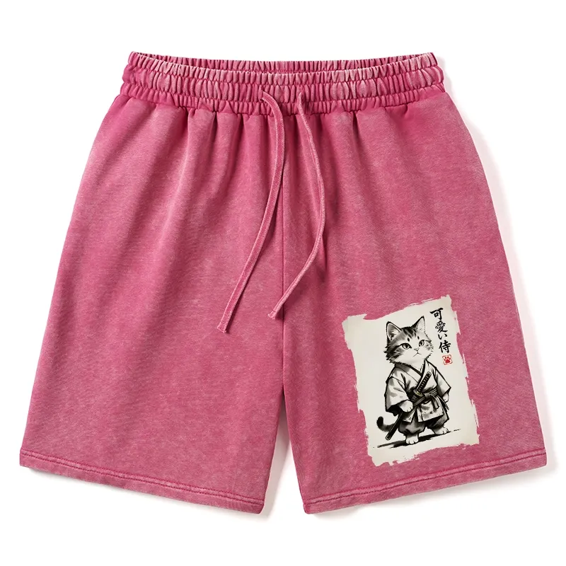 Tokyo-Tiger Japanese Samurai Cat Illustration Washed Shorts