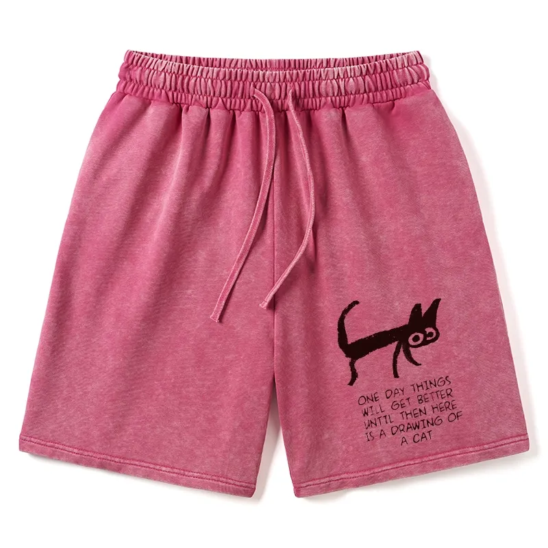 Tokyo-Tiger Cat Cheer Up Drawing Washed Shorts