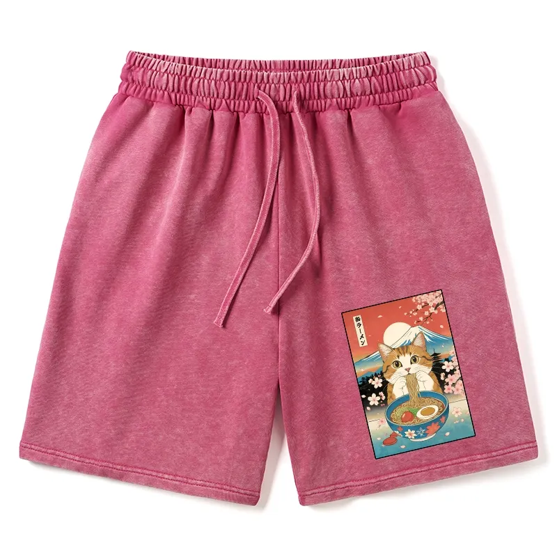 Tokyo-Tiger Funny Orange Cat Eating Ramen Japan Washed Shorts
