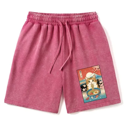 Tokyo-Tiger Funny Orange Cat Eating Ramen Japan Washed Shorts