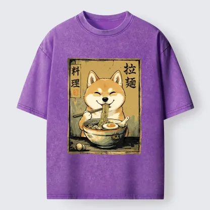 Tokyo-Tiger Happy Shiba Eating Ramen Washed T-Shirt