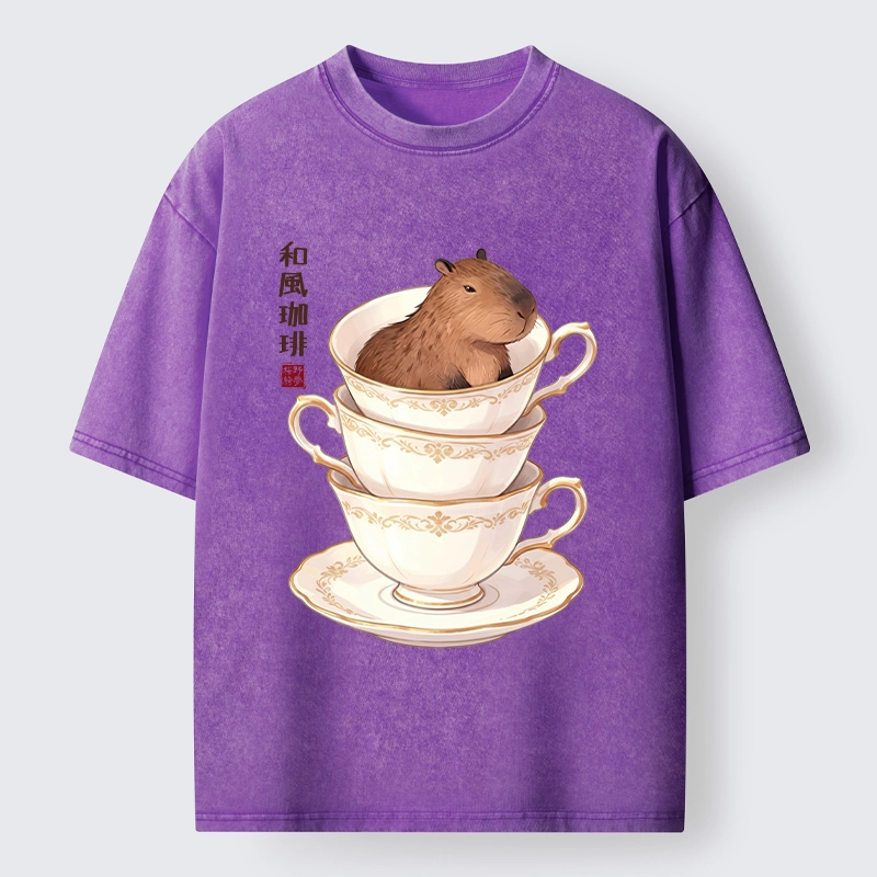 Tokyo-Tiger Japanese Coffee Capybara In A Teacup Washed T-Shirt
