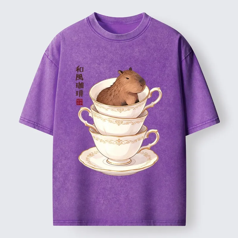 Tokyo-Tiger Japanese Coffee Capybara In A Teacup Washed T-Shirt