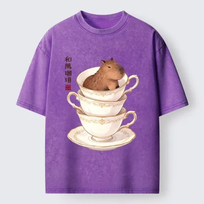 Tokyo-Tiger Japanese Coffee Capybara In A Teacup Washed T-Shirt