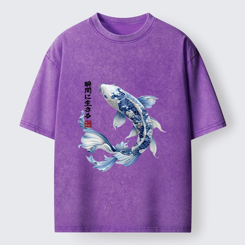 Tokyo-Tiger Blue And White Koi Fish Japanese Art Print Washed T-Shirt