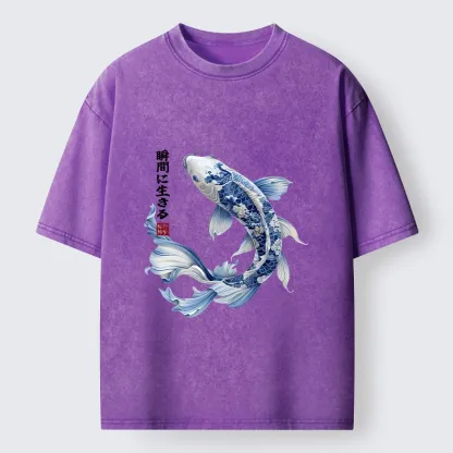 Tokyo-Tiger Blue And White Koi Fish Japanese Art Print Washed T-Shirt