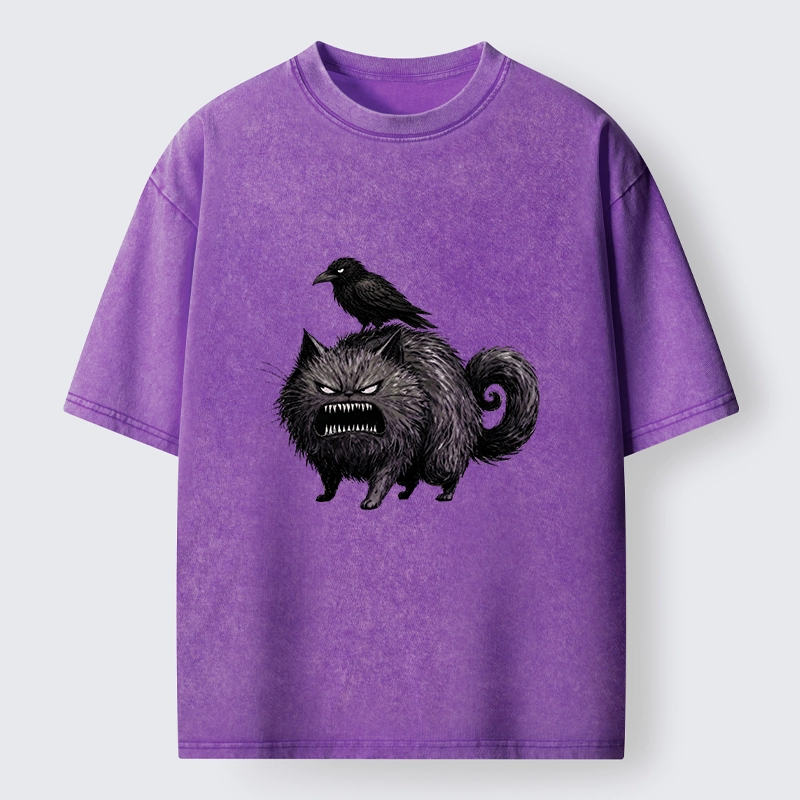 Tokyo-Tiger Angry Black Cat With Crow On Its Back Washed T-Shirt